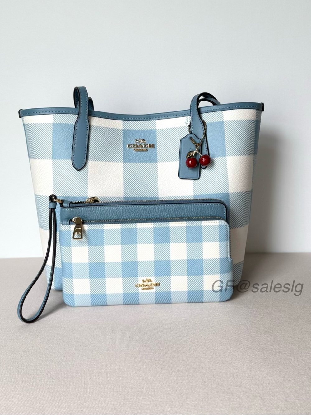 NWT Coach Medium City Tote Bag With Gingham Print Blue Cherry Charm Wristlet Set